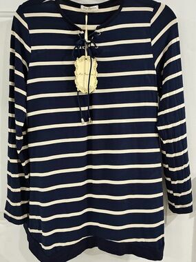 Striped Navy and Cream Lace-Up Women's Top -